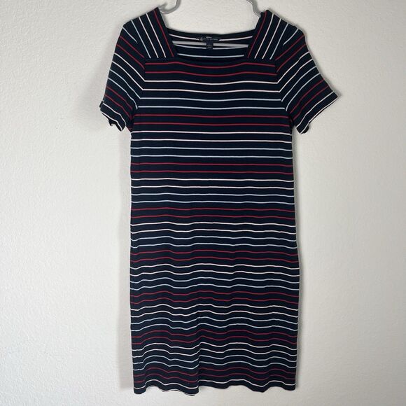 Brooks Brothers Stripped Jersey Net Midi Dress Navy Large 206 - Picture 1 of 6